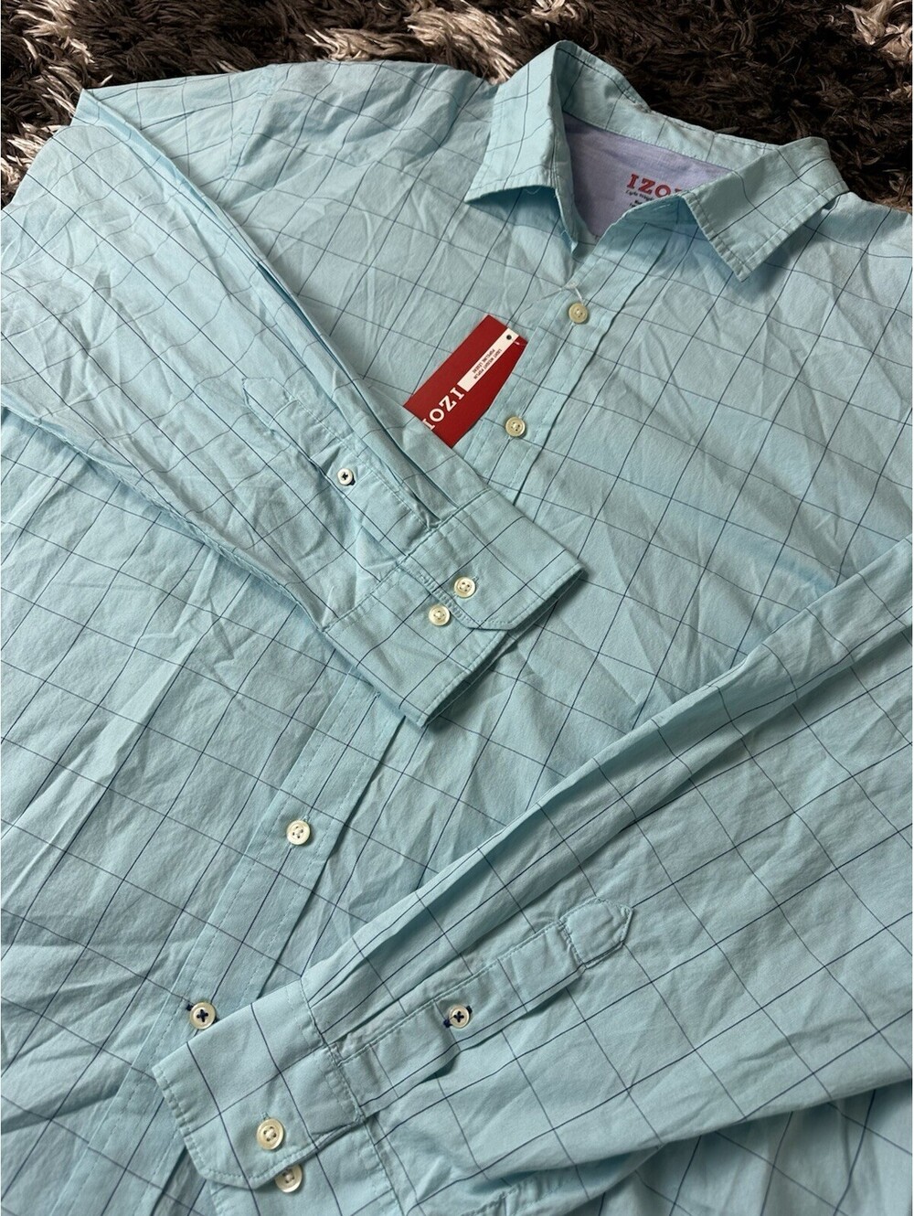 NWT IZOD Mens XL Light Blue Grid Poplin Long Sleeve Button Down Shirt